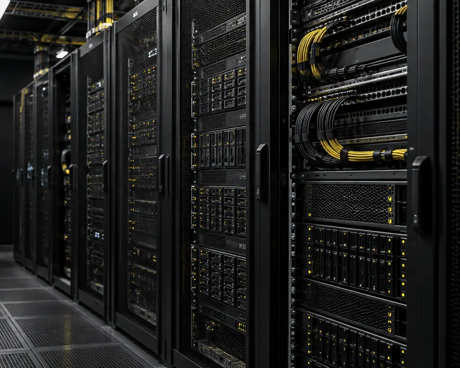 Illustrated server racks with storage bays and neatly routed yellow network cables